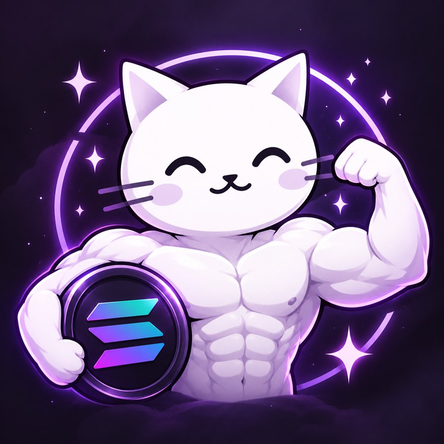 The maxxbot mascot: a muscular cat flexing and holding a Solana coin
